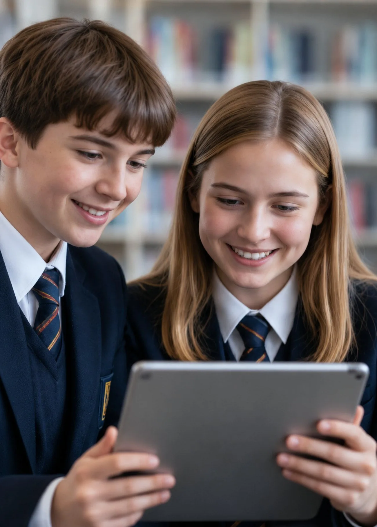 Two pupils in navy uniform sharing a tablet in a school library