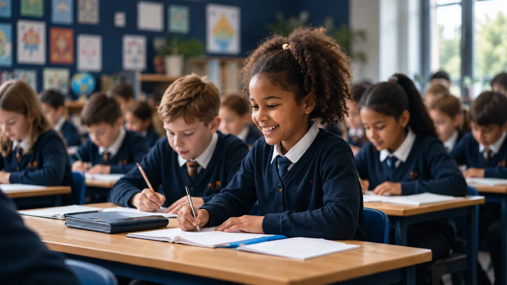 pupils writing at desks in a bright classroom