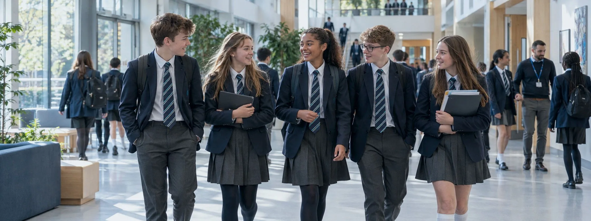 Pupils in navy blazers walking and talking through a bright school atrium