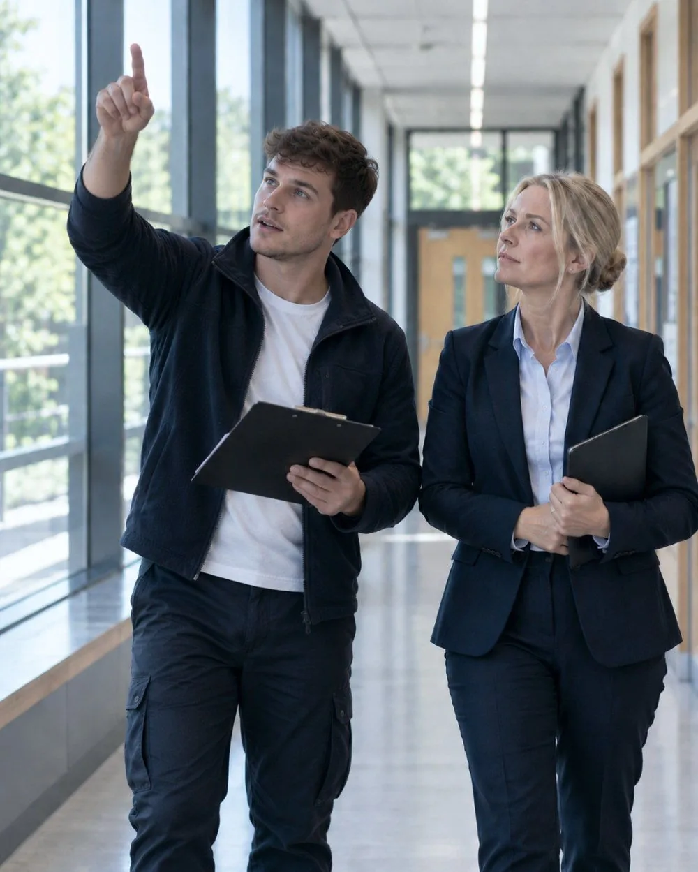 A site manager and a school leader walking a bright corridor