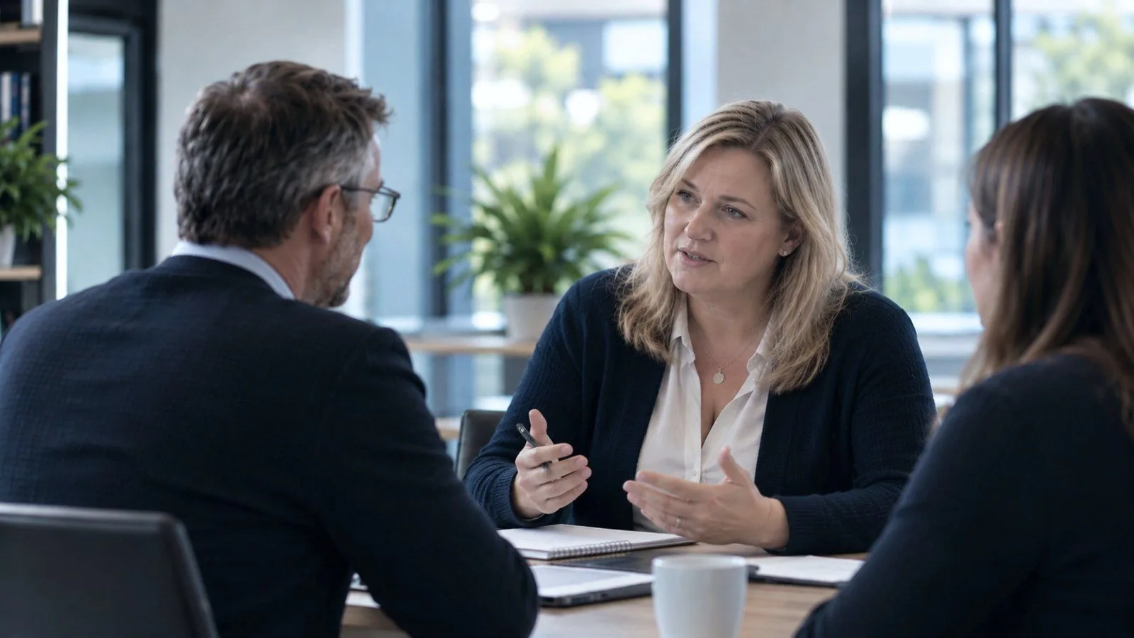 An adviser talking through options with two school leaders