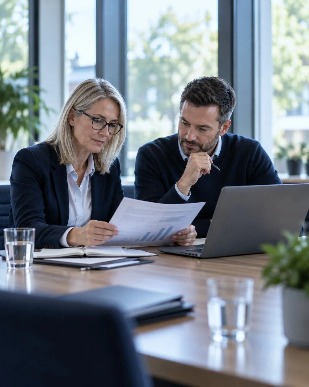 A trustee and a finance officer working through a report together