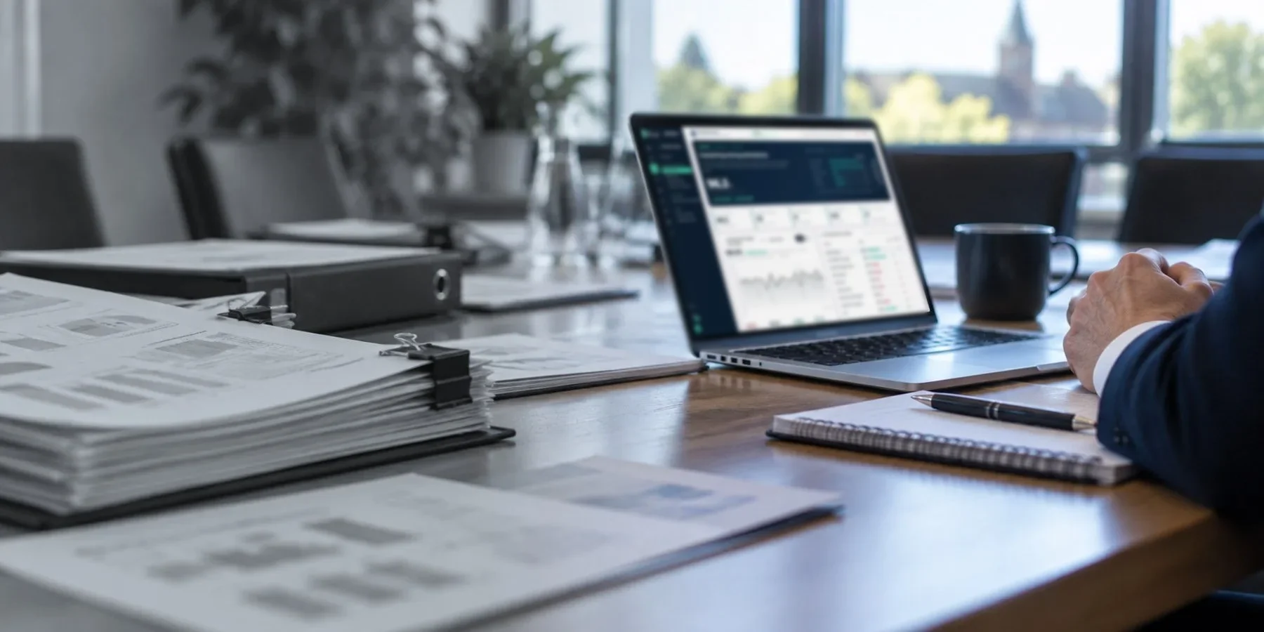 A boardroom table: a printed board pack on one side, ORSIA open on a laptop on the other
