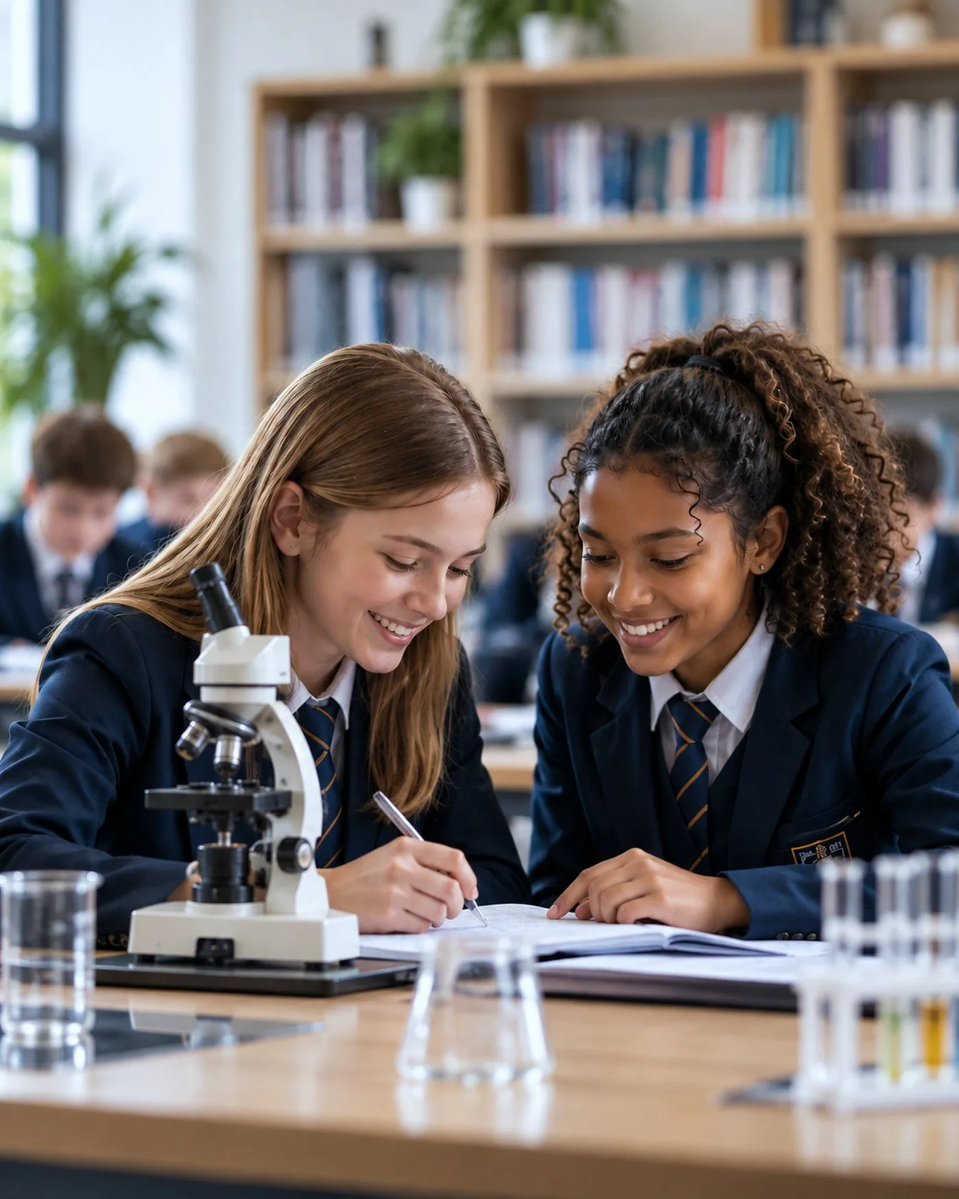 two pupils at a microscope in a science lesson